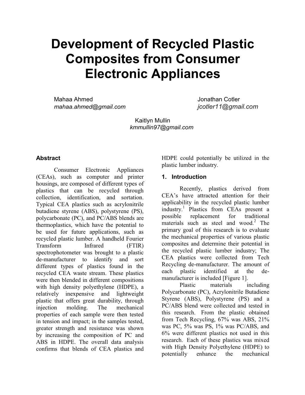 Development of Recycled Plastic Composites from Consumer Electronic Appliances