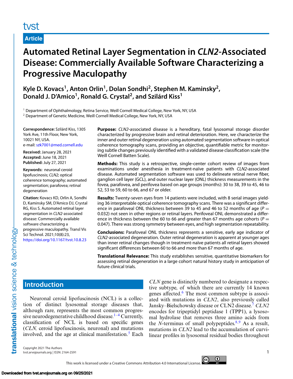 Automated Retinal Layer Segmentation in CLN2-Associated Disease: Commercially Available Software Characterizing a Progressive Maculopathy