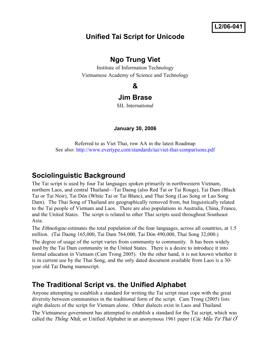 Unified Tai Script for Unicode Ngo Trung Viet & Jim Brase
