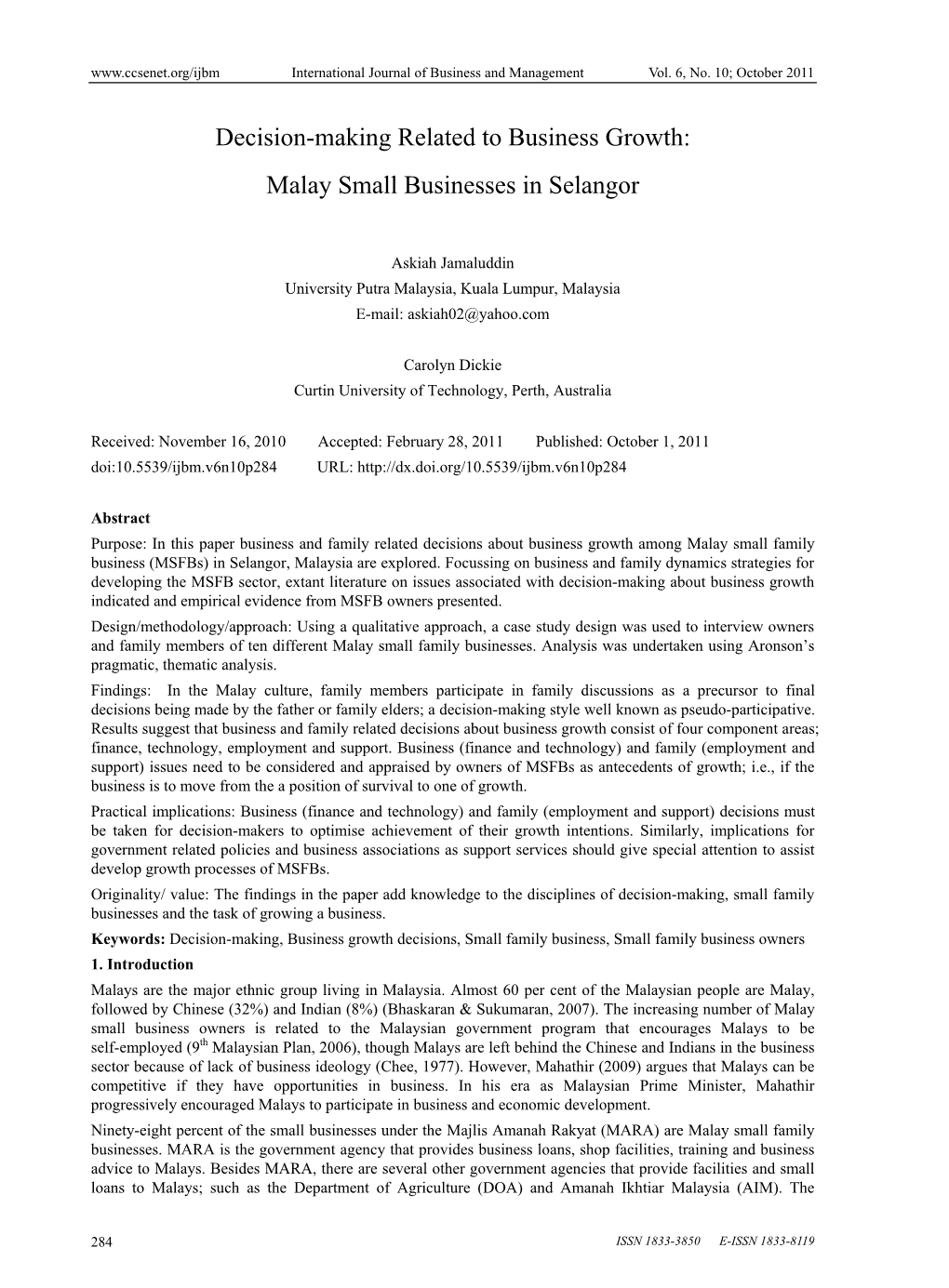 Decision-Making Related to Business Growth: Malay Small Businesses in Selangor