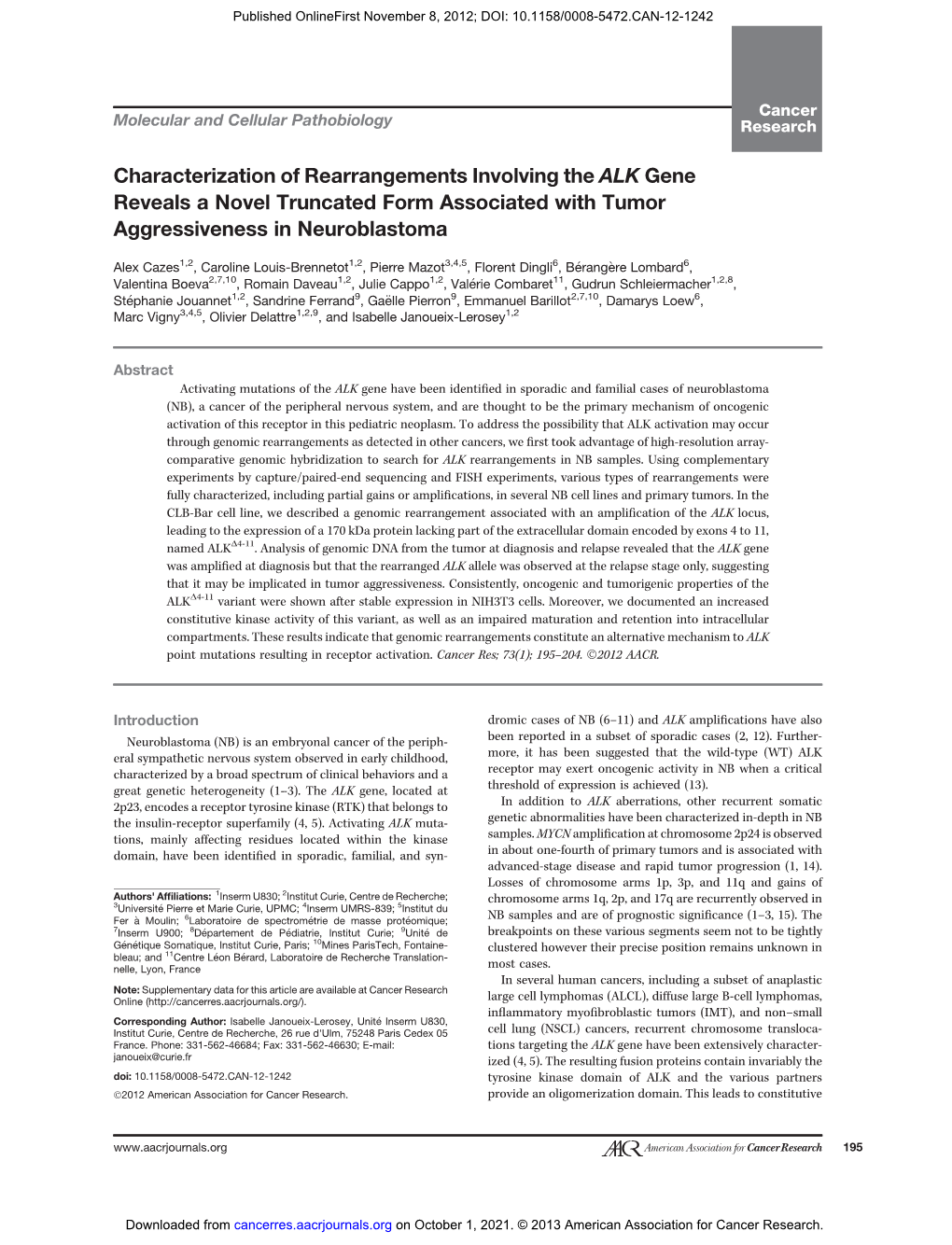 Characterization of Rearrangements Involving the ALK Gene Reveals a Novel Truncated Form Associated with Tumor Aggressiveness in Neuroblastoma