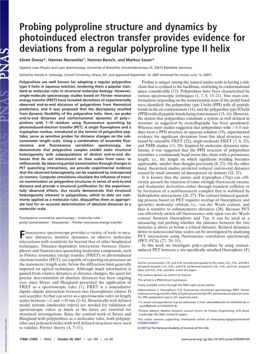 Probing Polyproline Structure and Dynamics by Photoinduced Electron Transfer Provides Evidence for Deviations from a Regular Polyproline Type II Helix