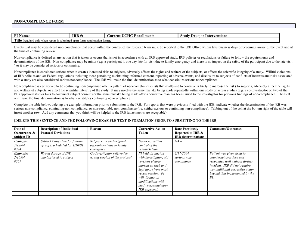 Non-Compliance Form