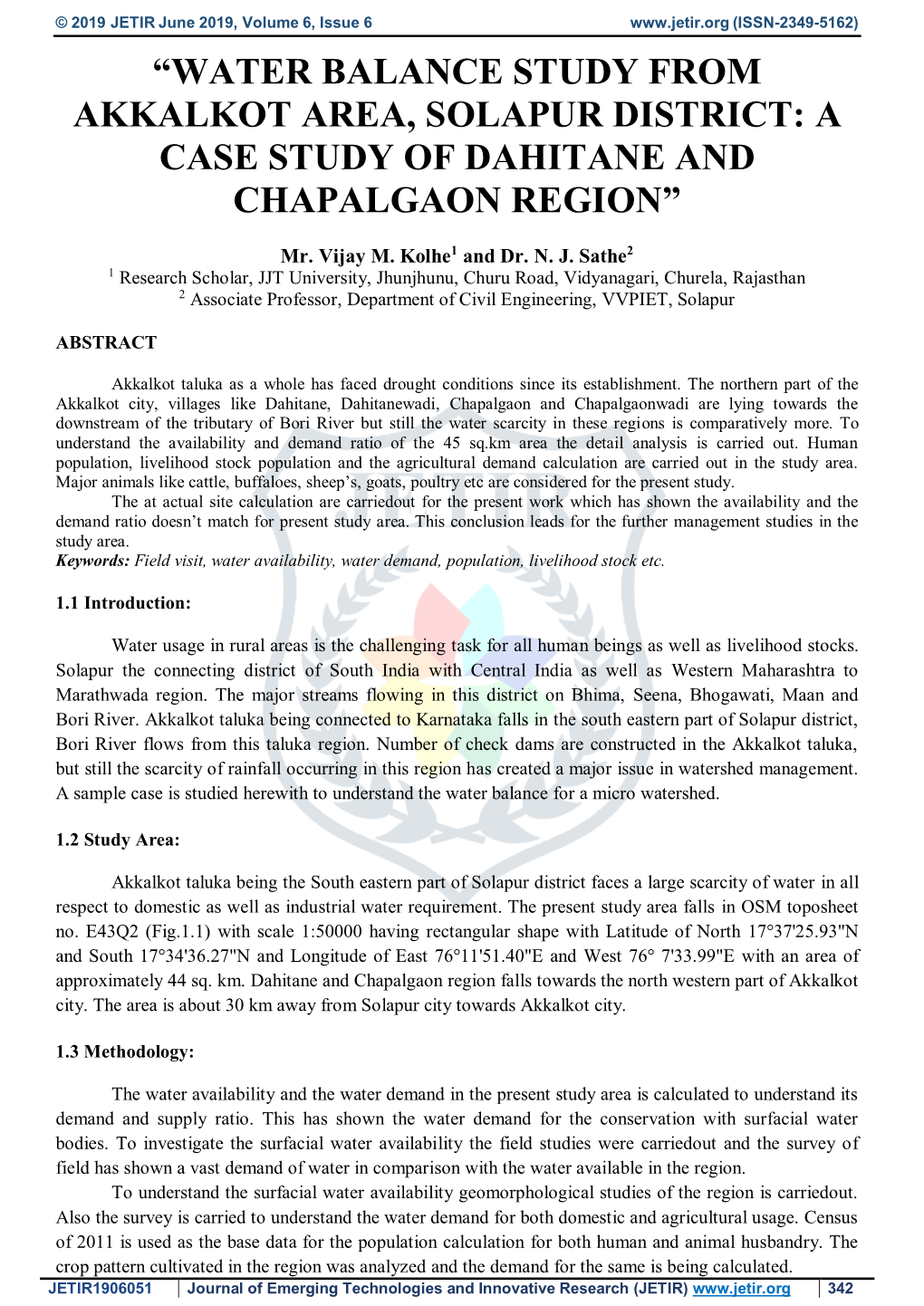 “Water Balance Study from Akkalkot Area, Solapur District: a Case Study of Dahitane and Chapalgaon Region”