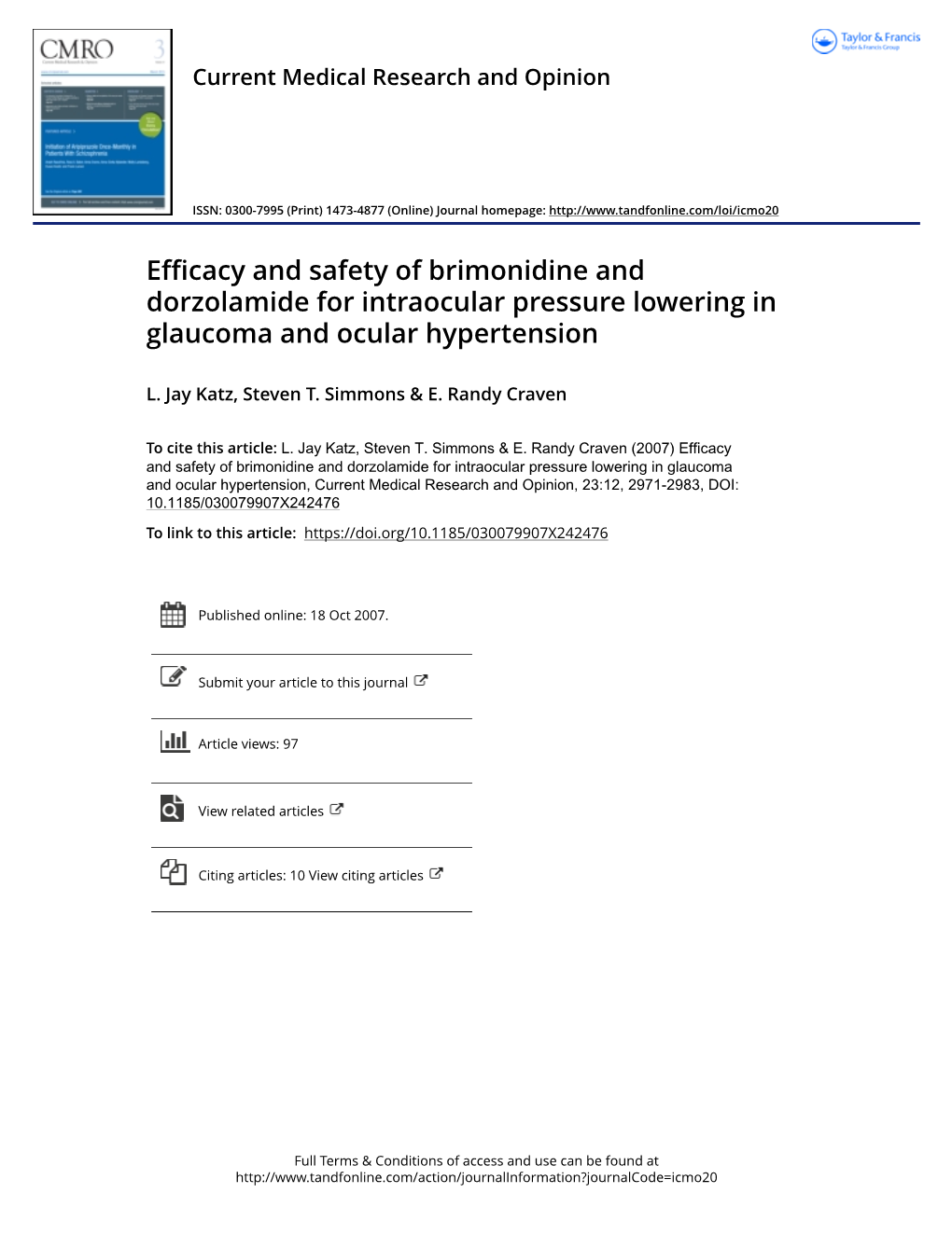 Efficacy and Safety of Brimonidine and Dorzolamide for Intraocular Pressure Lowering in Glaucoma and Ocular Hypertension