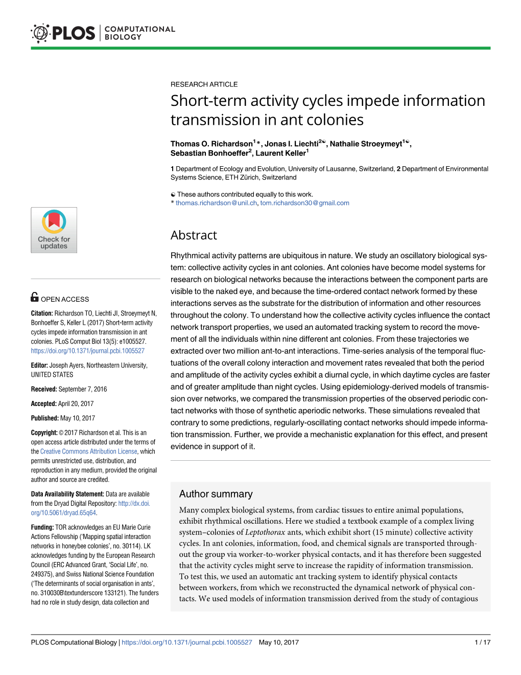 Short-Term Activity Cycles Impede Information Transmission in Ant Colonies