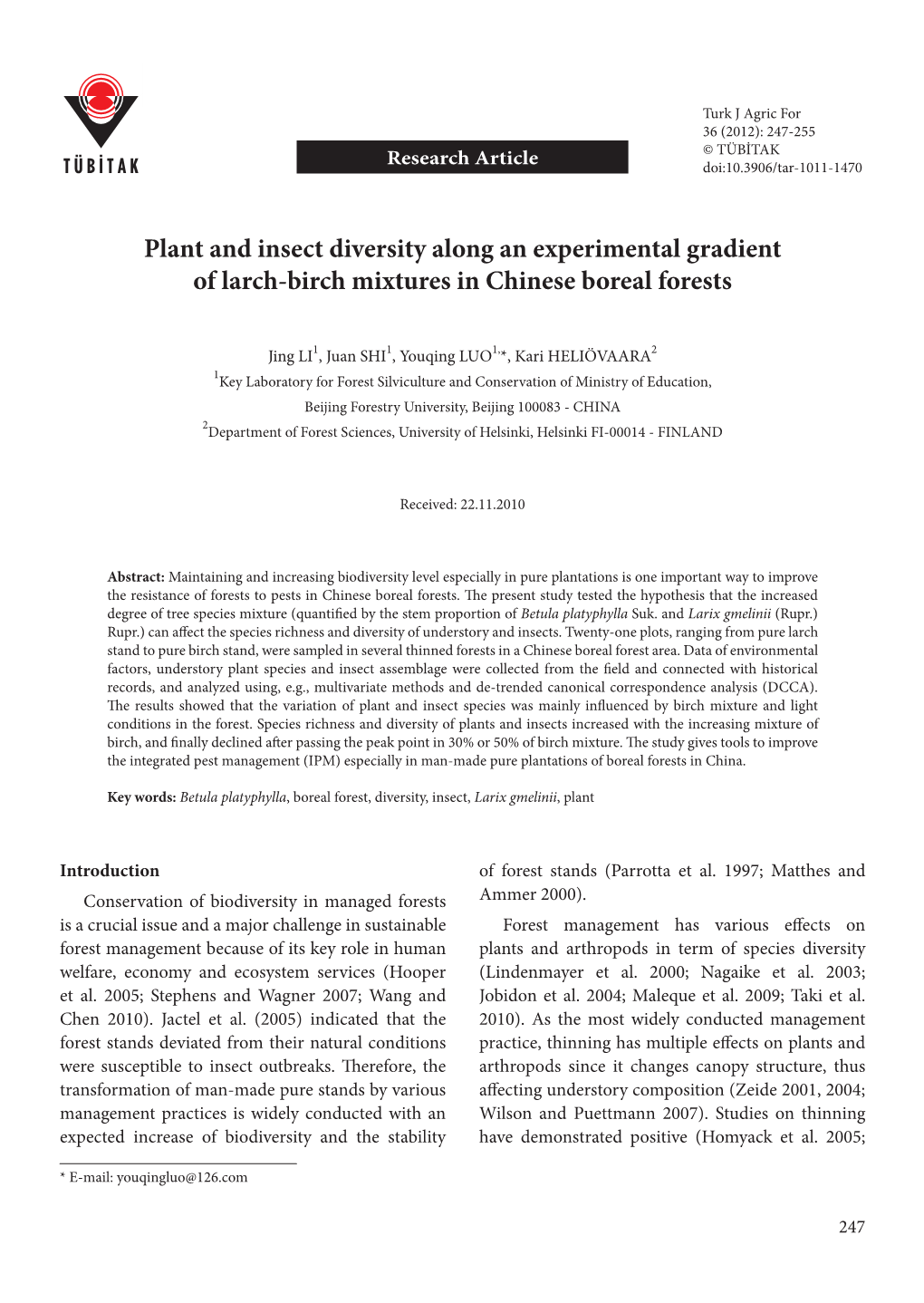 Plant and Insect Diversity Along an Experimental Gradient of Larch-Birch Mixtures in Chinese Boreal Forests