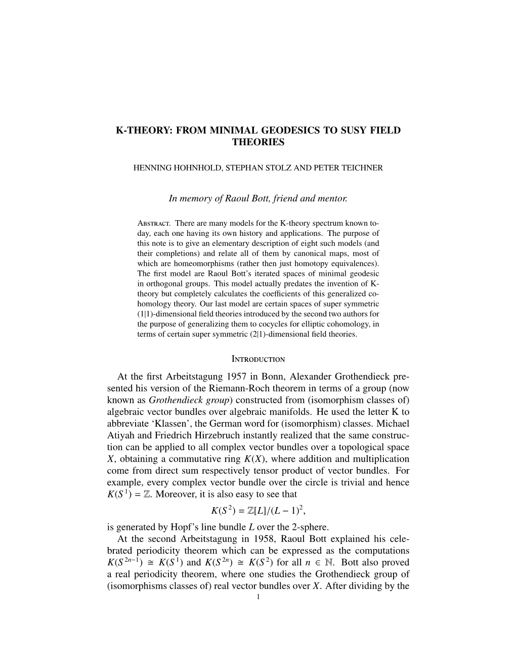 K-Theory: from Minimal Geodesics to Susy Field Theories