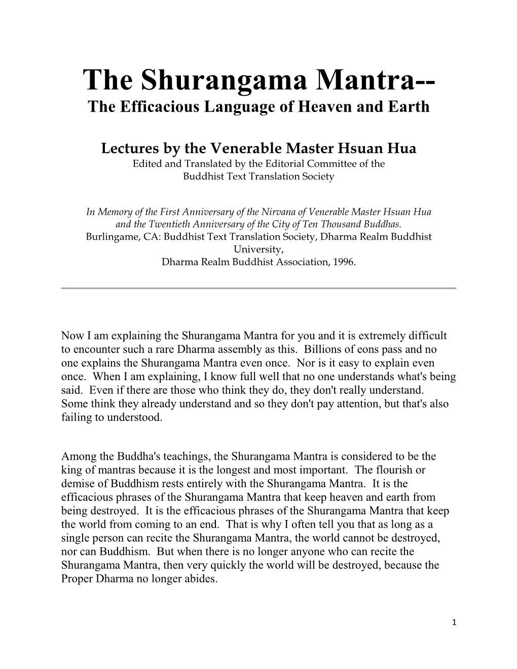 The Shurangama Mantra-- the Efficacious Language of Heaven and Earth