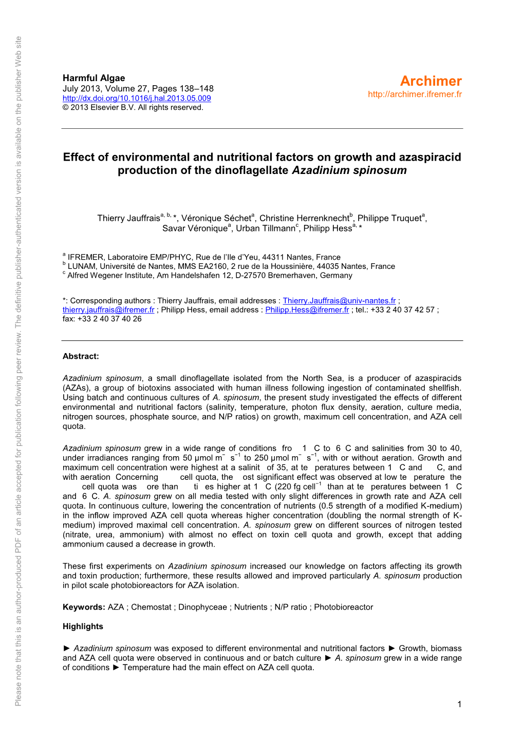 Effect of Environmental and Nutritional Factors on Growth and Azaspiracid