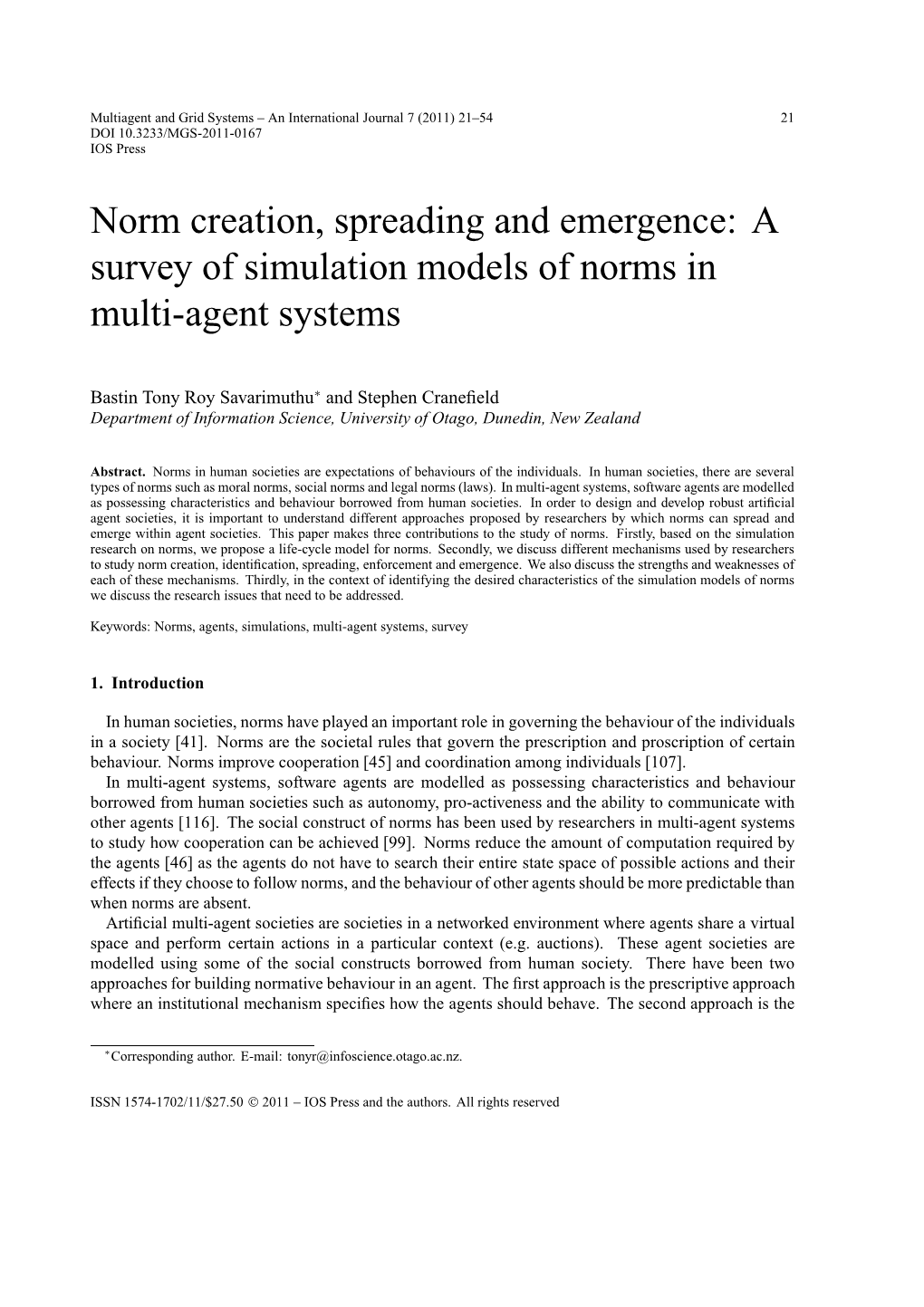 Norm Creation, Spreading and Emergence: a Survey of Simulation Models of Norms in Multi-Agent Systems