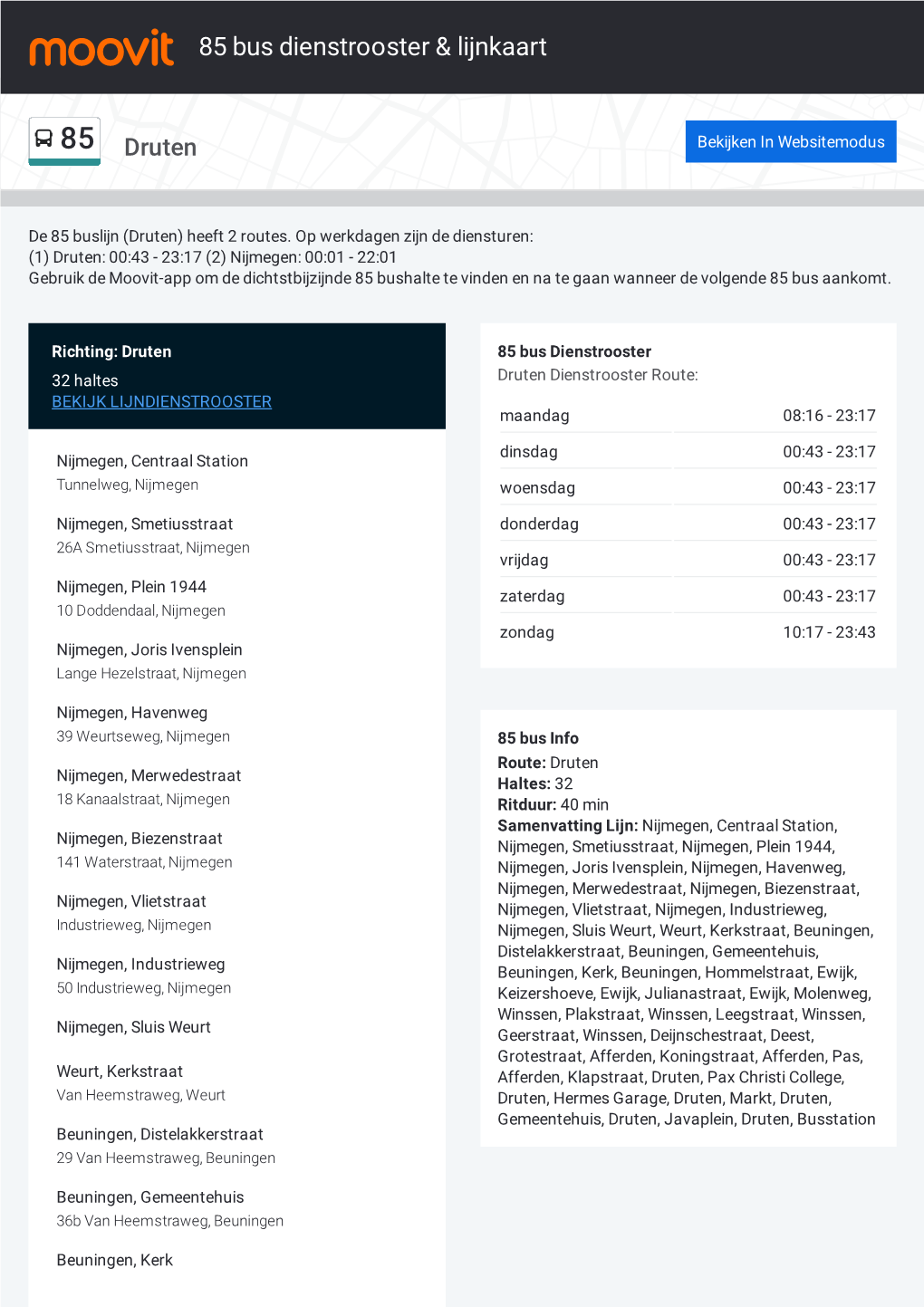 85 Bus Dienstrooster & Lijnroutekaart