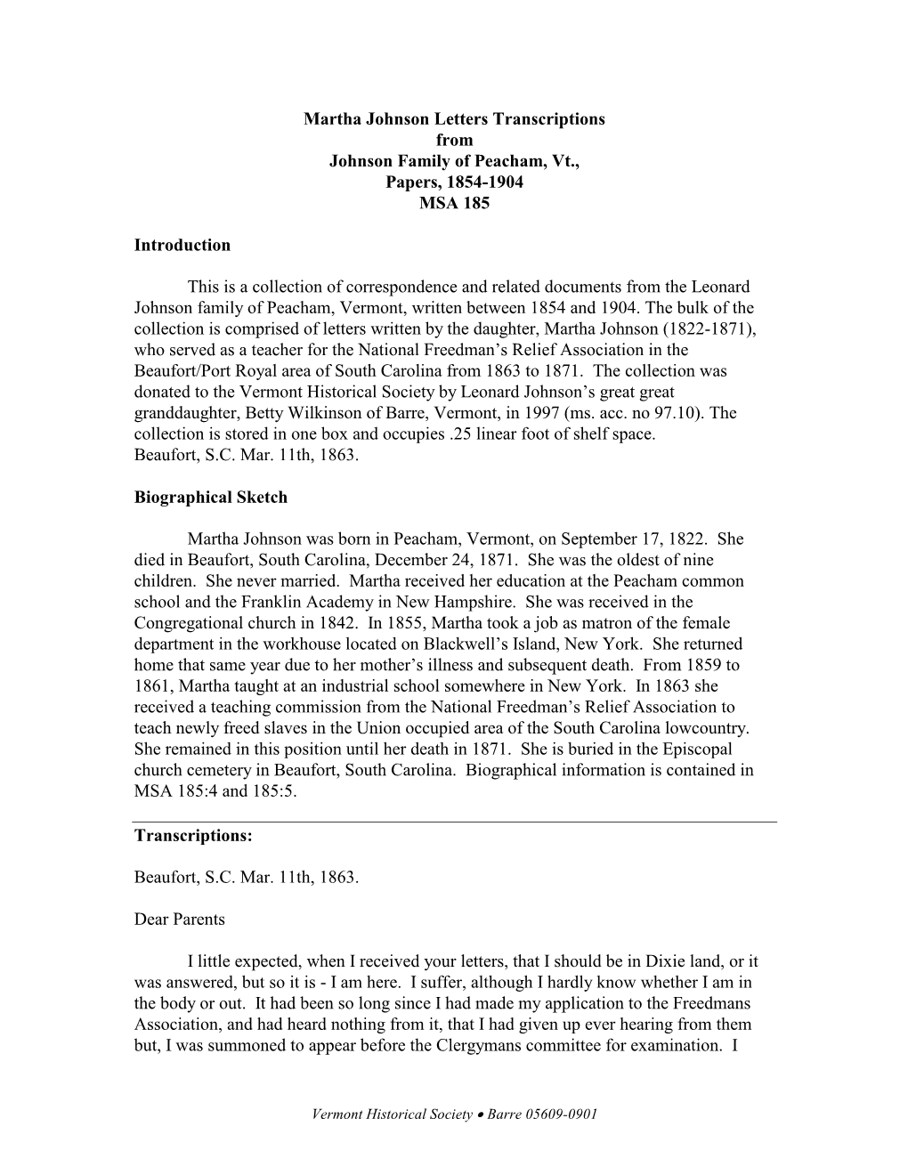 Martha Johnson Letters Transcriptions from Johnson Family of Peacham, Vt., Papers, 1854-1904 MSA 185