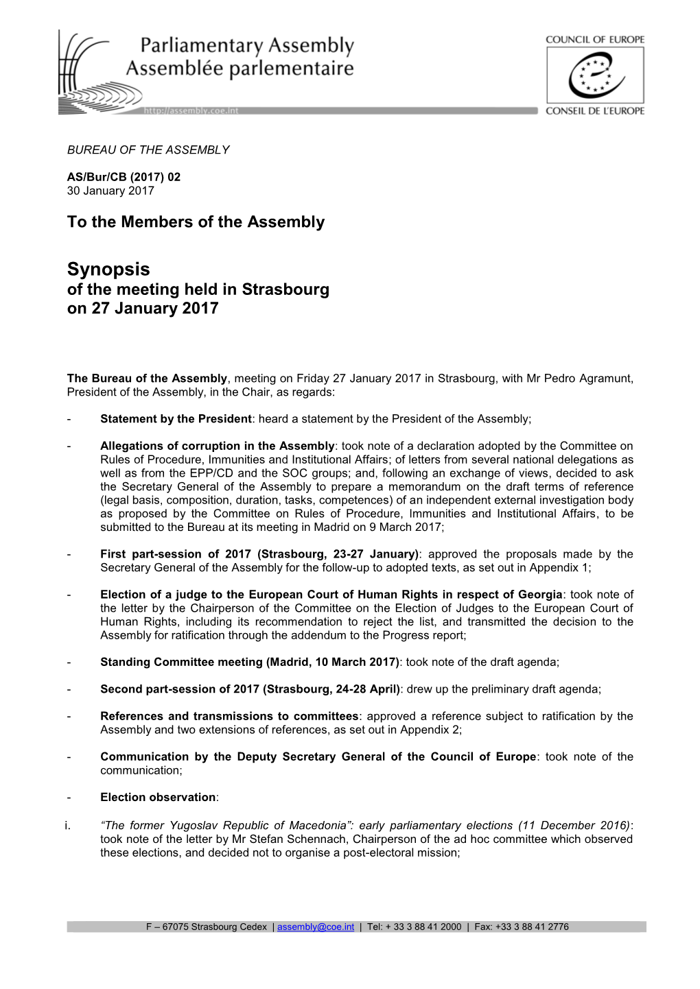 Synopsis of the Meeting Held in Strasbourg on 27 January 2017