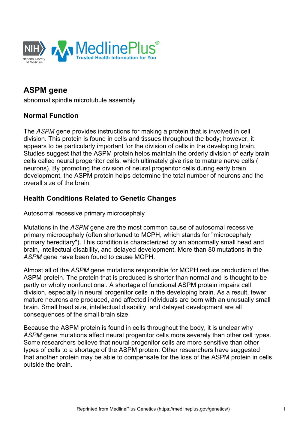 ASPM Gene Abnormal Spindle Microtubule Assembly