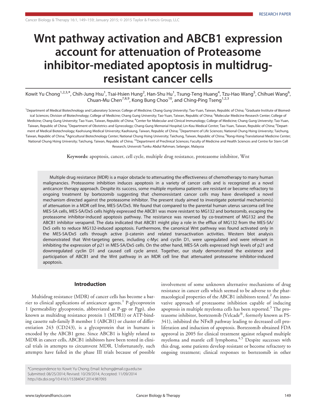 Wnt Pathway Activation and ABCB1 Expression Account for Attenuation of Proteasome Inhibitor-Mediated Apoptosis in Multidrug- Resistant Cancer Cells