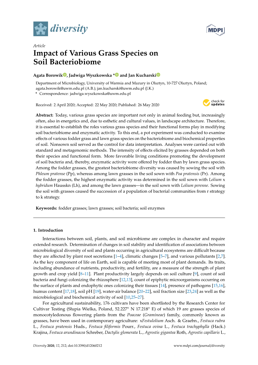 Impact of Various Grass Species on Soil Bacteriobiome