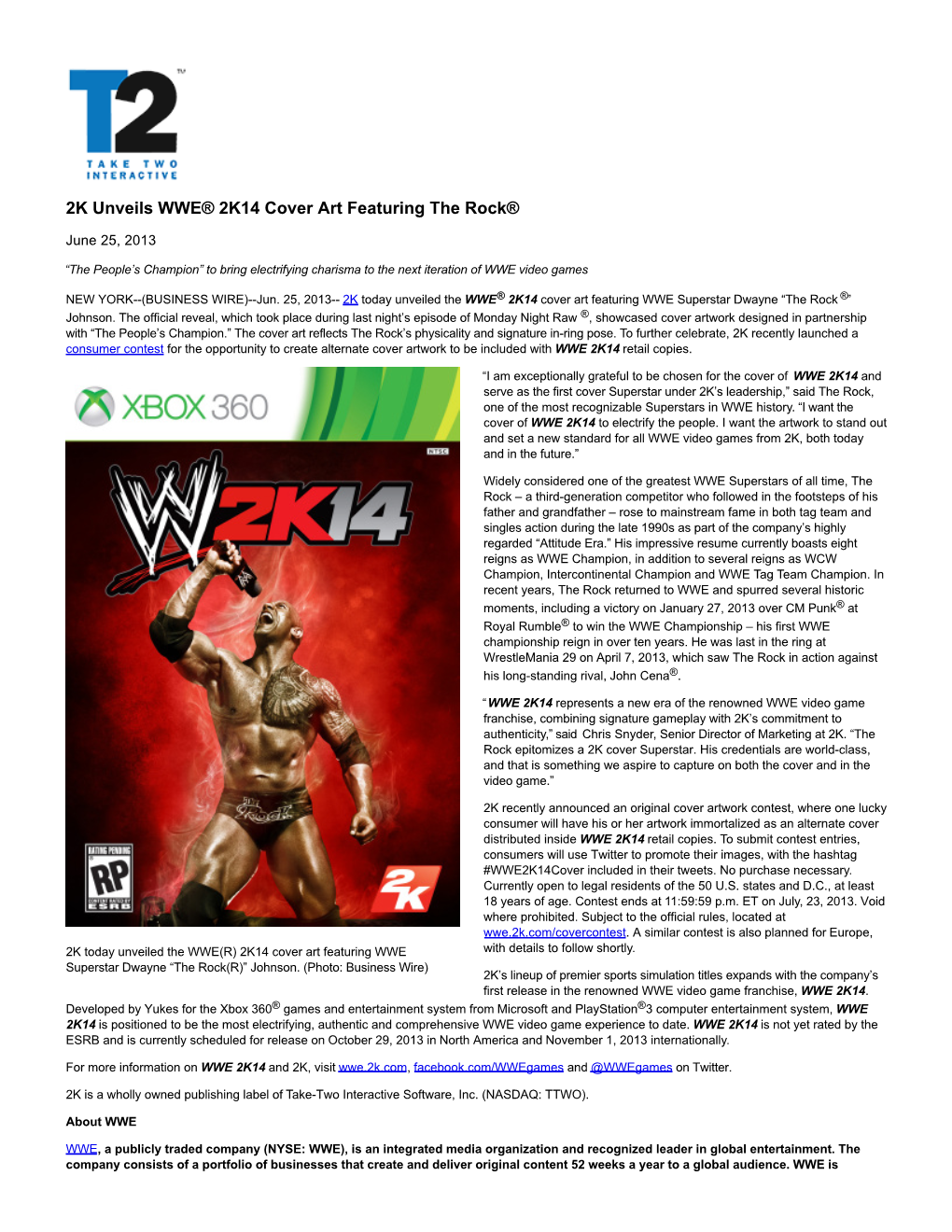 2K Unveils WWE® 2K14 Cover Art Featuring the Rock®