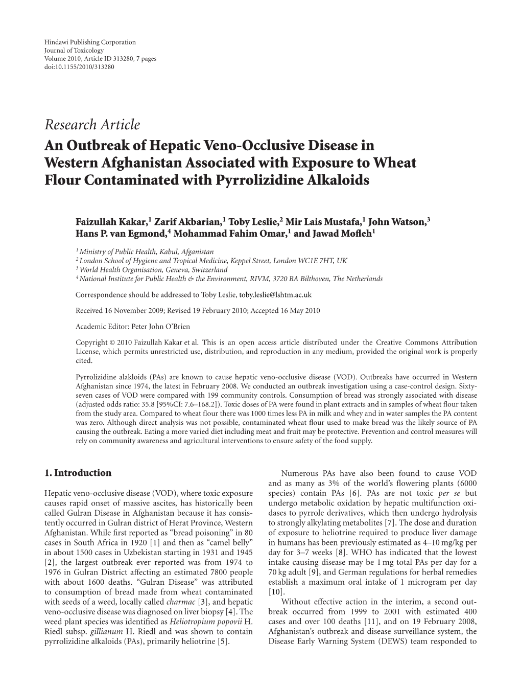 An Outbreak of Hepatic Veno-Occlusive Disease in Western Afghanistan Associated with Exposure to Wheat Flour Contaminated with Pyrrolizidine Alkaloids