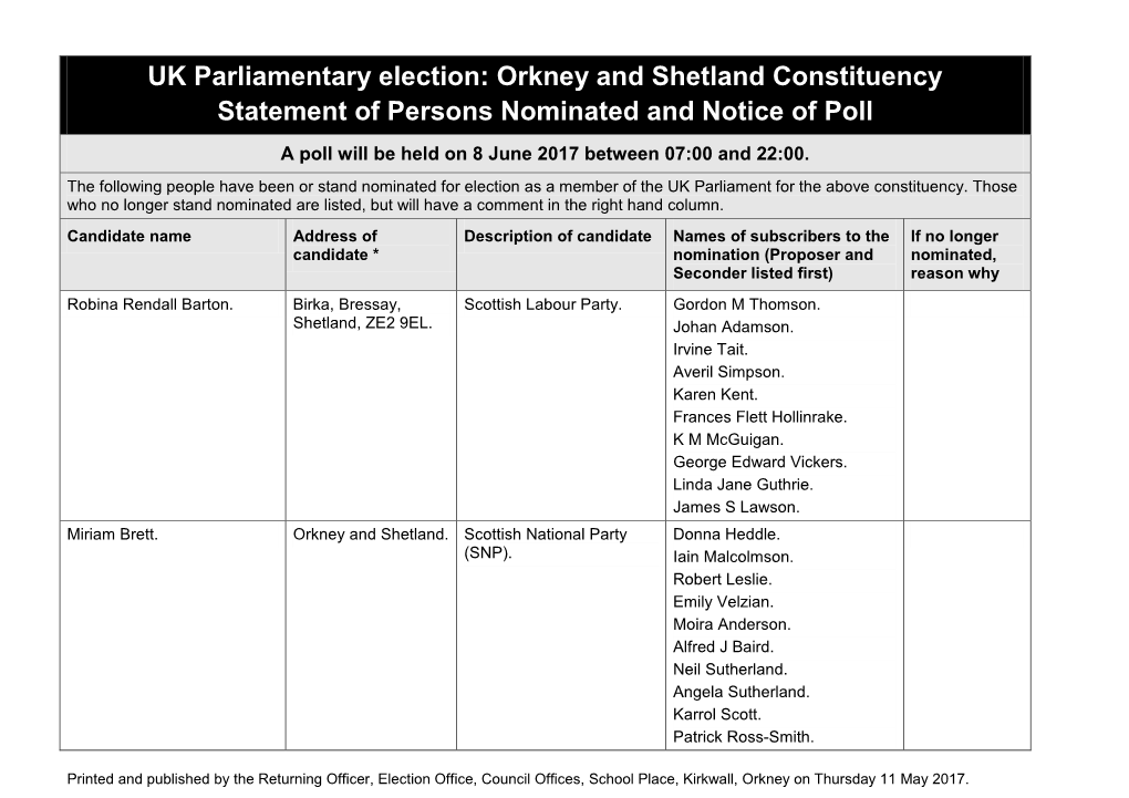 Orkney and Shetland Constituency. Statement of Persons Nominated and Notice of Poll a Poll Will Be Held on 8 June 2017 Between 07:00 and 22:00