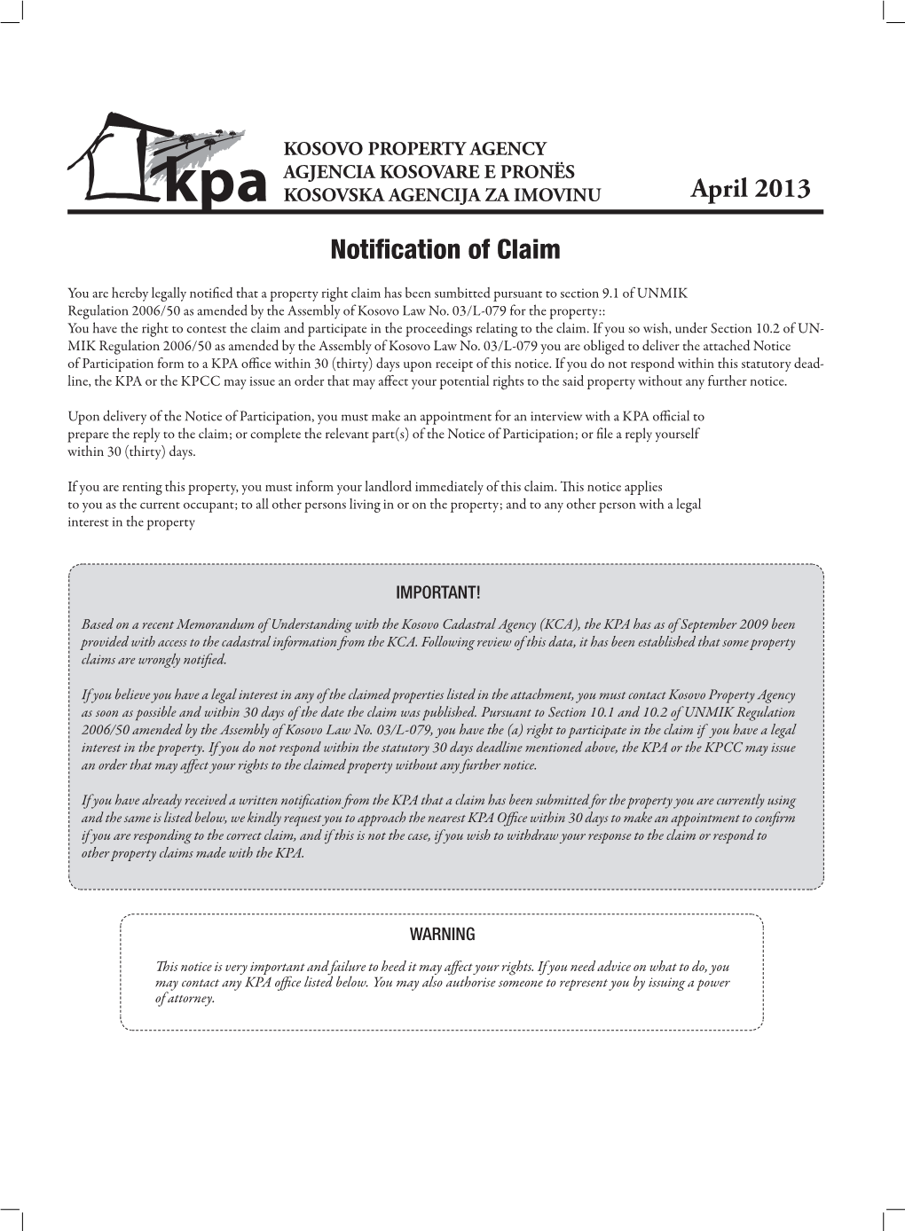 Notification of Claim April 2013