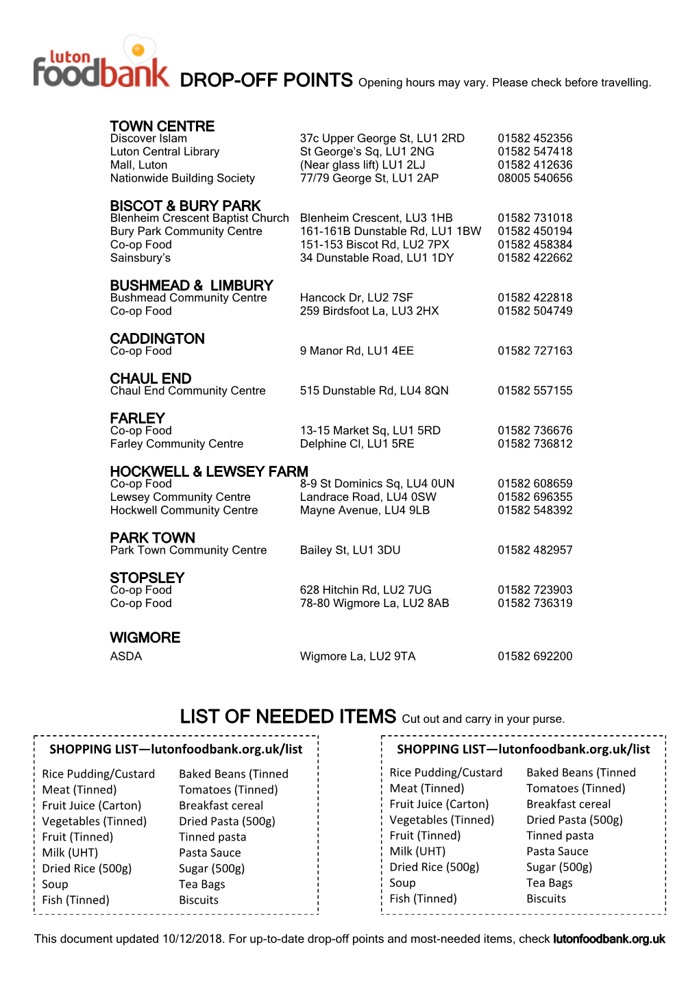 SHOPPING LIST—Lutonfoodbank.Org.Uk/List