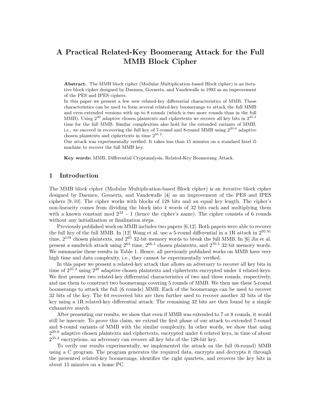 A Practical Related-Key Boomerang Attack for the Full MMB Block Cipher