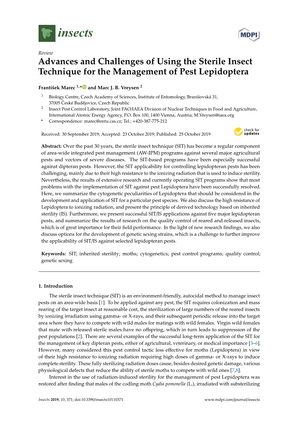 Advances and Challenges of Using the Sterile Insect Technique for the Management of Pest Lepidoptera