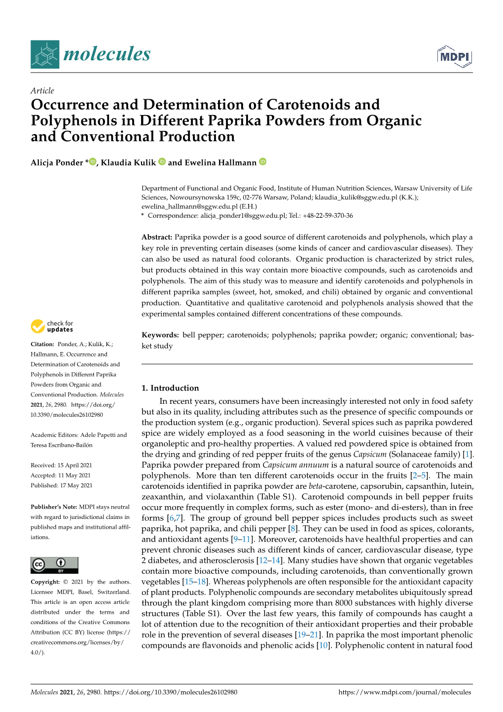 Occurrence and Determination of Carotenoids and Polyphenols in Different Paprika Powders from Organic and Conventional Production