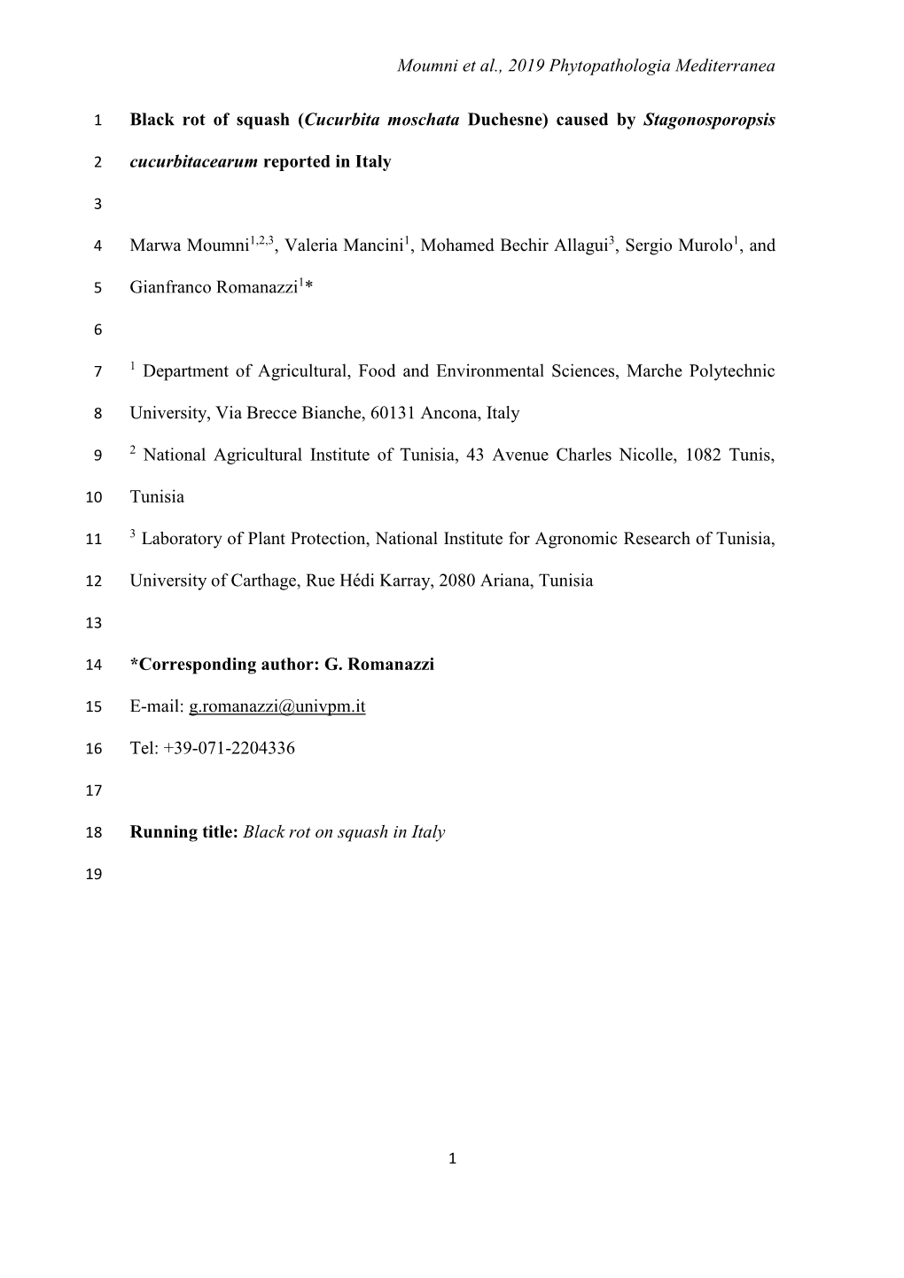 Moumni Et Al., 2019 Phytopathologia Mediterranea Black Rot of Squash (Cucurbita Moschata Duchesne) Caused by Stagonosporopsis Cu