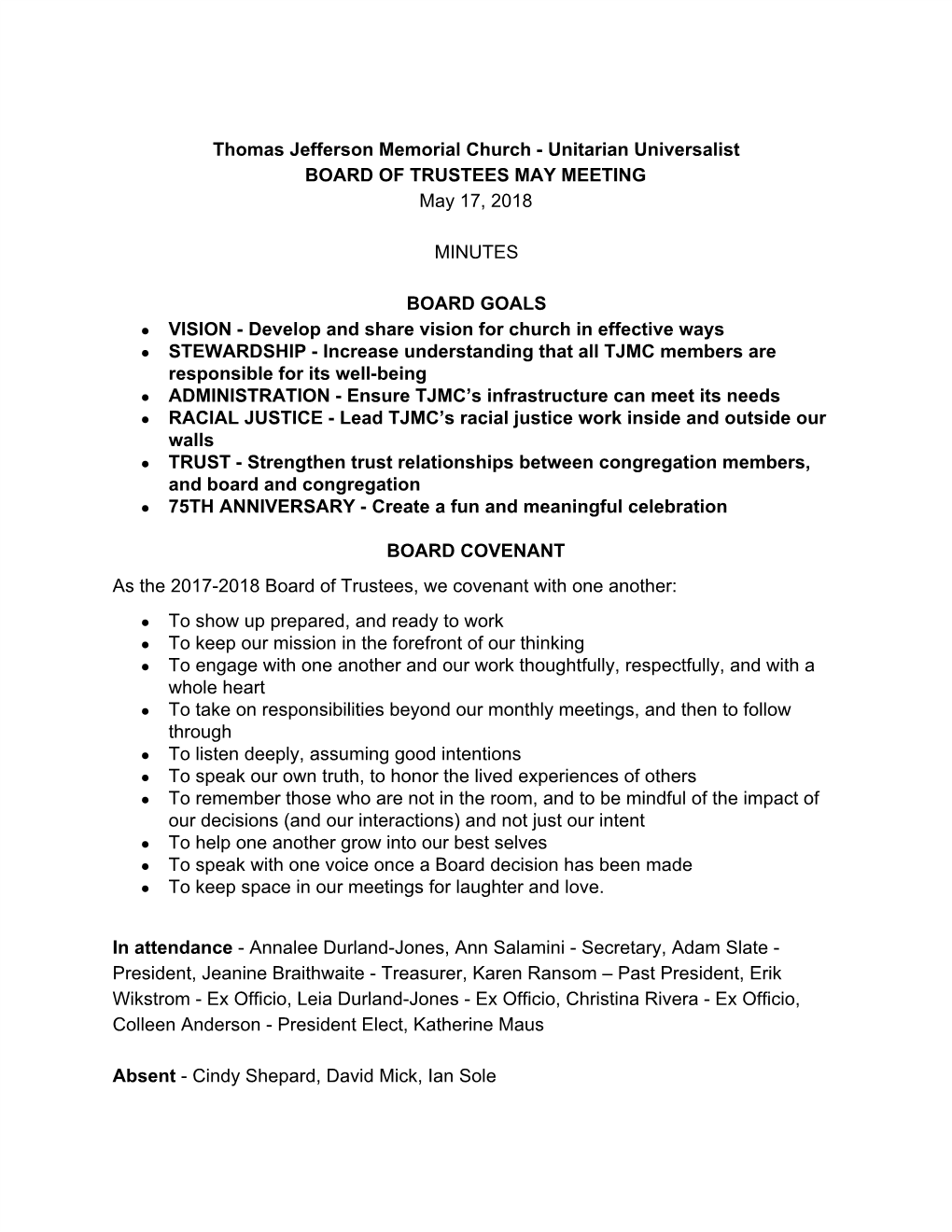 Thomas Jefferson Memorial Church - Unitarian Universalist BOARD of TRUSTEES MAY MEETING May 17, 2018