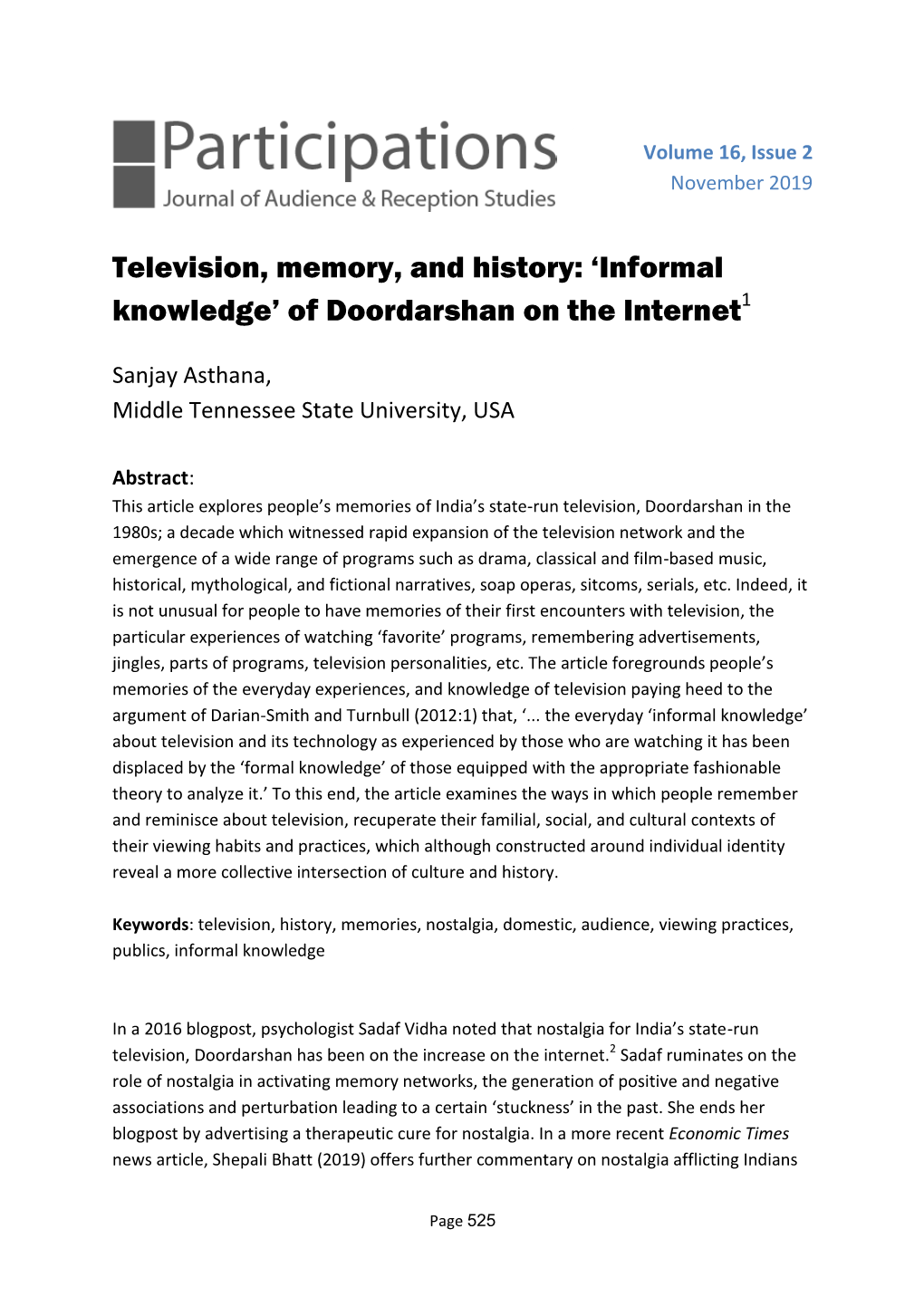 Television, Memory, and History: ‘Informal Knowledge’ of Doordarshan on the Internet1