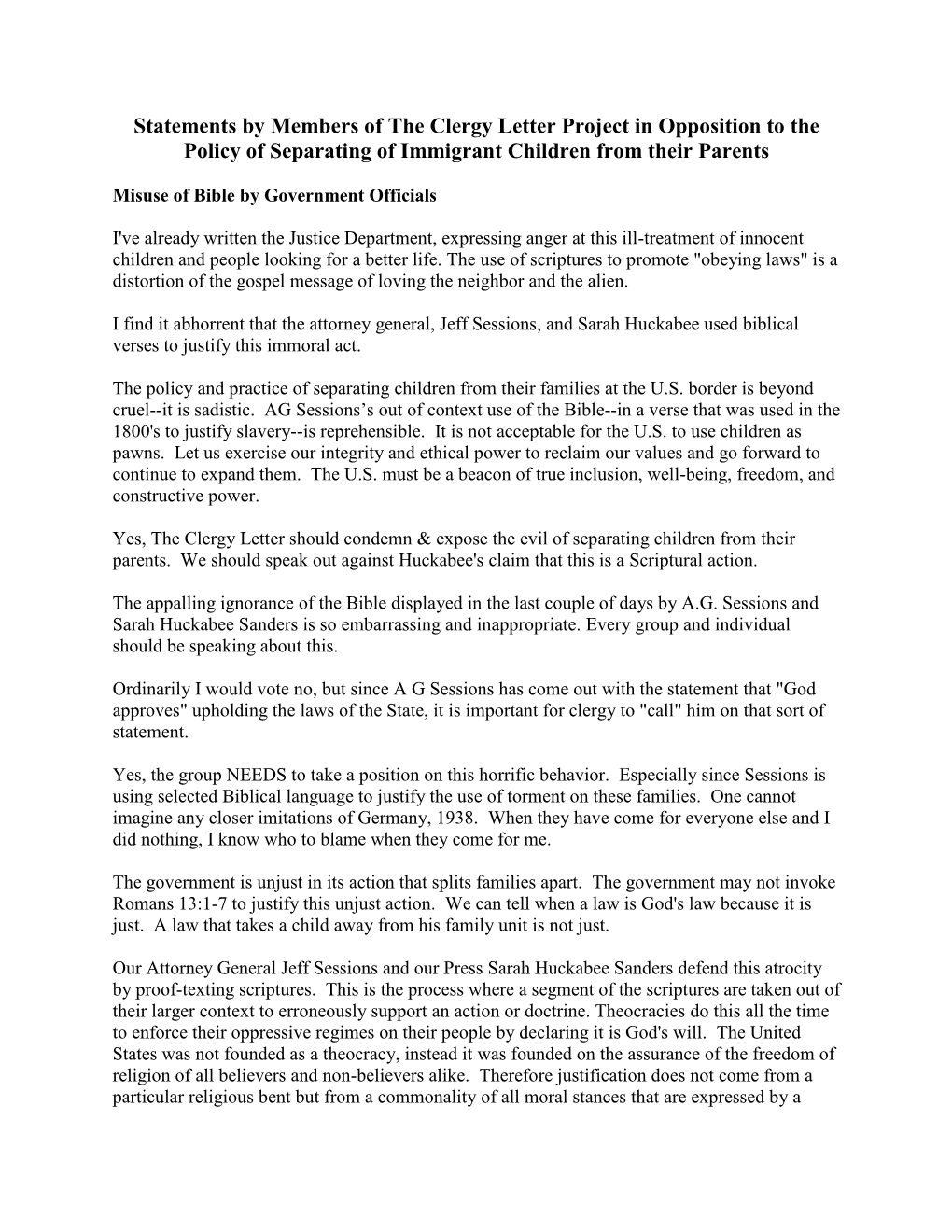 Statements by Members of the Clergy Letter Project in Opposition to the Policy of Separating of Immigrant Children from Their Parents