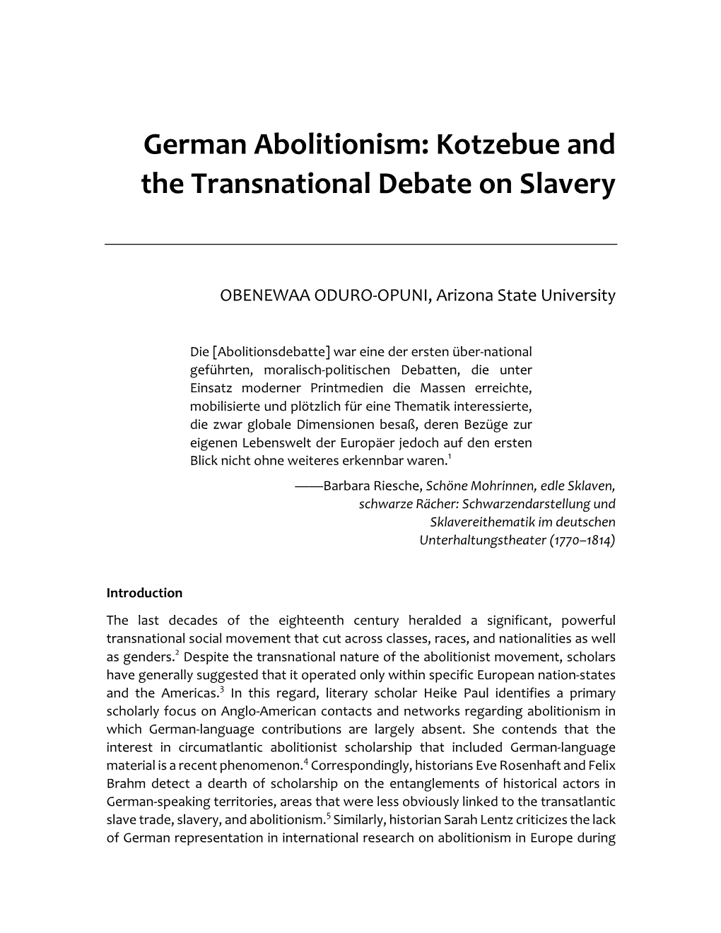 German Abolitionism: Kotzebue and the Transnational Debate on Slavery