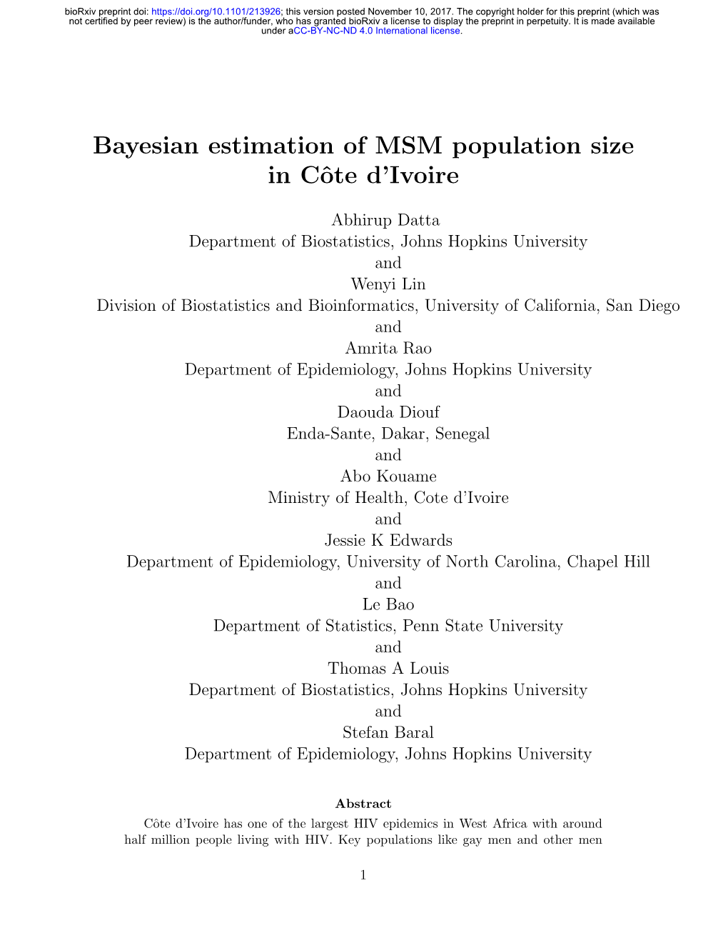 Bayesian Estimation of MSM Population Size in Côte D'ivoire