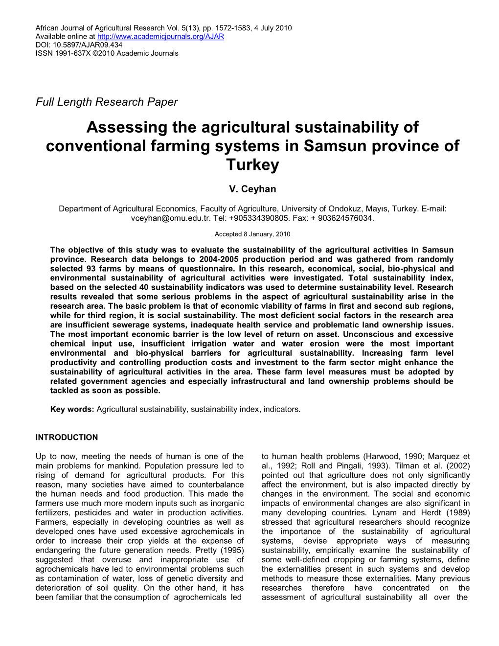 Assessing the Agricultural Sustainability of Conventional Farming Systems in Samsun Province of Turkey