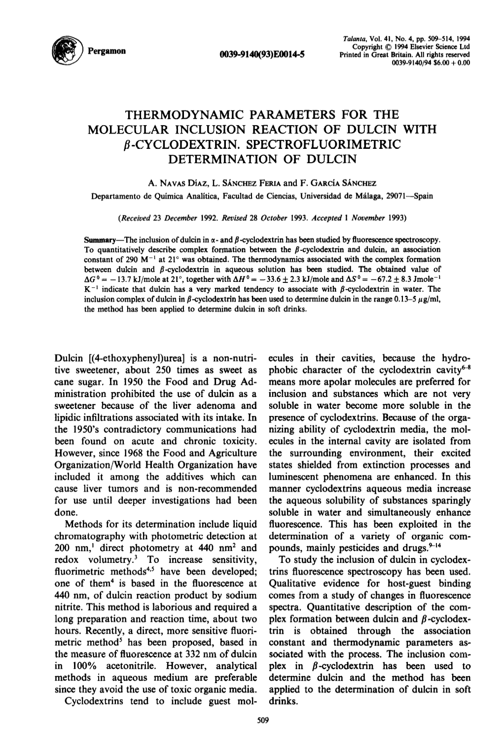 Thermodynamic Parameters for the Molecular Inclusion Reaction of Dulcin with B-Cyclodextrin