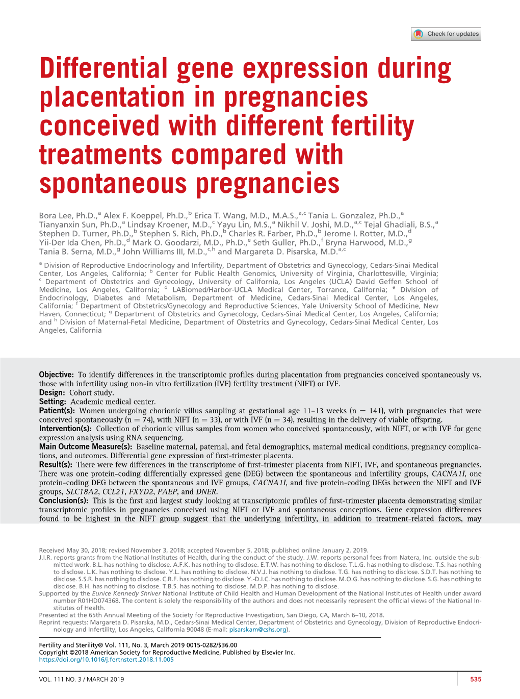 Differential Gene Expression During Placentation in Pregnancies Conceived with Different Fertility Treatments Compared with Spontaneous Pregnancies