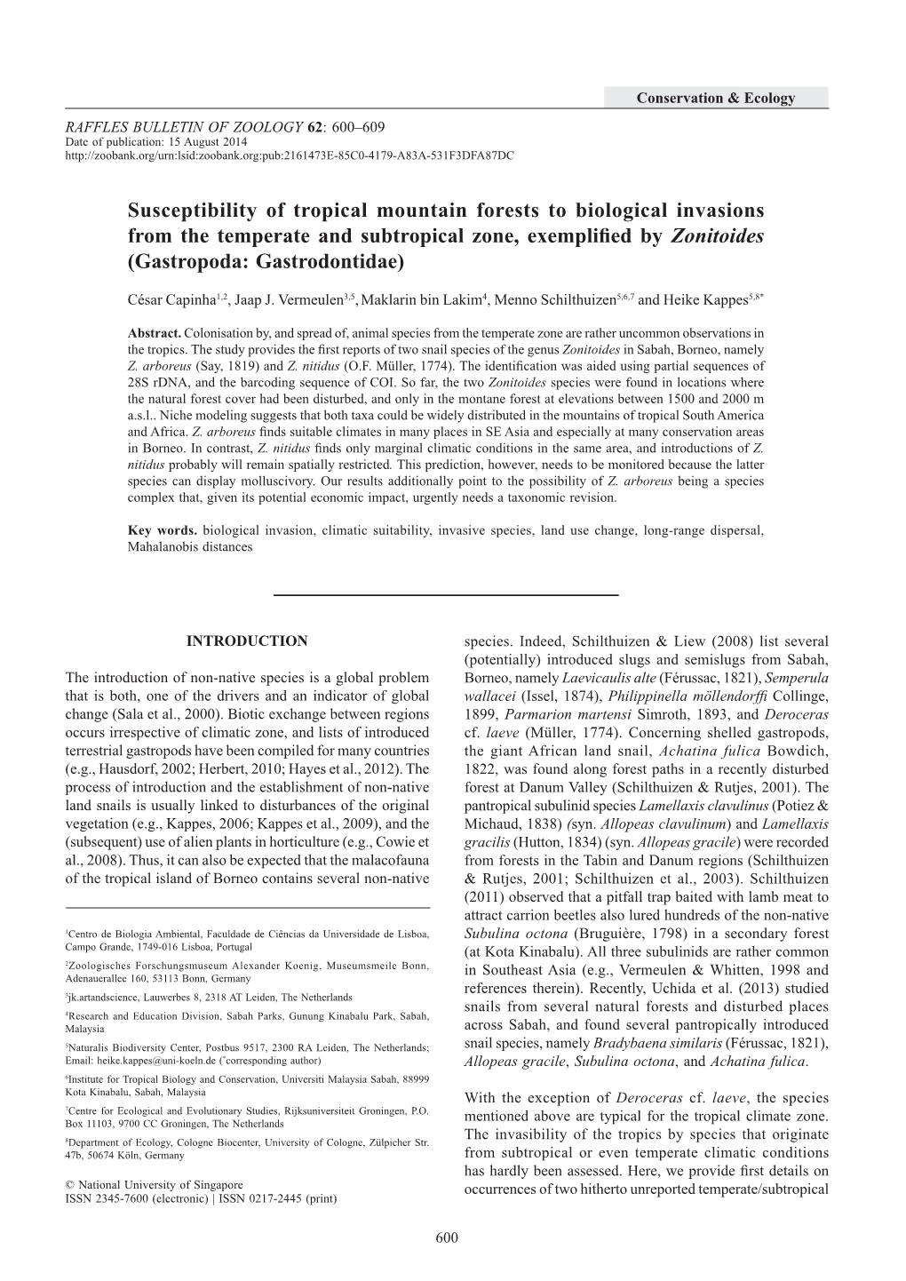 Susceptibility of Tropical Mountain Forests to Biological Invasions from the Temperate and Subtropical Zone, Exemplified by Zonitoides (Gastropoda: Gastrodontidae)