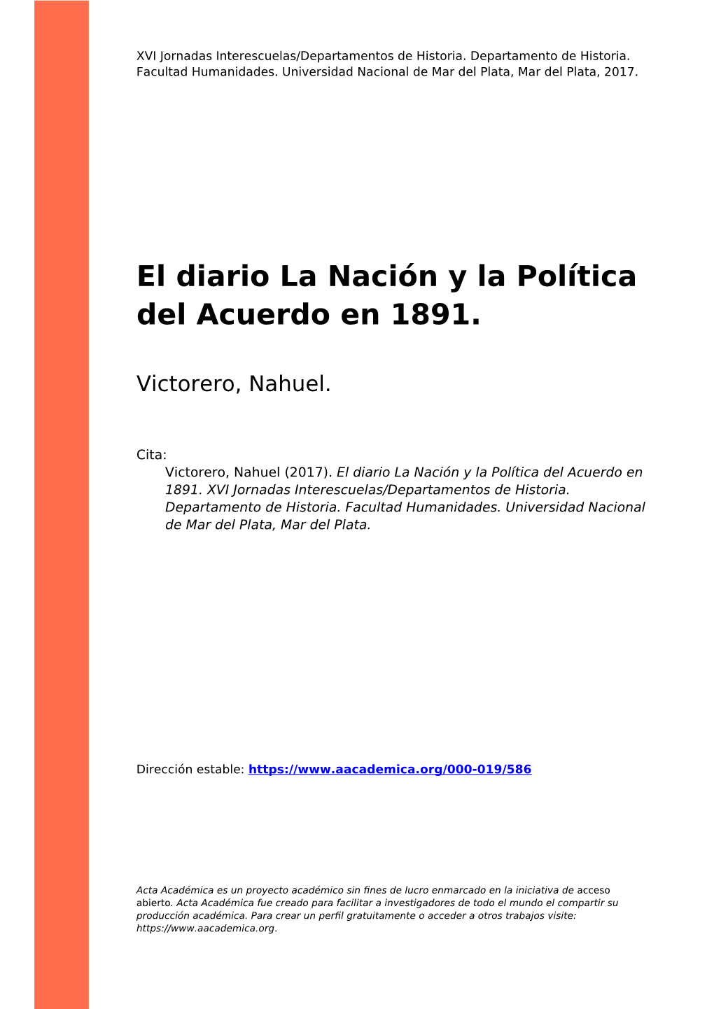 El Diario La Nación Y La Política Del Acuerdo En 1891