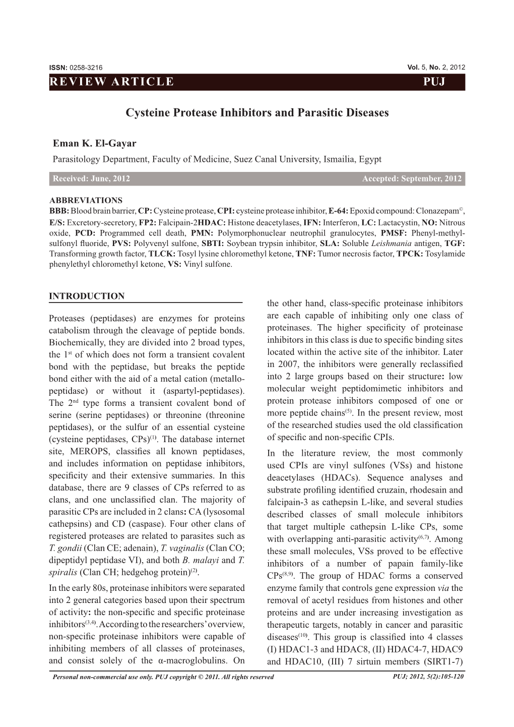 REVIEW ARTICLE PUJ Cysteine Protease Inhibitors and Parasitic