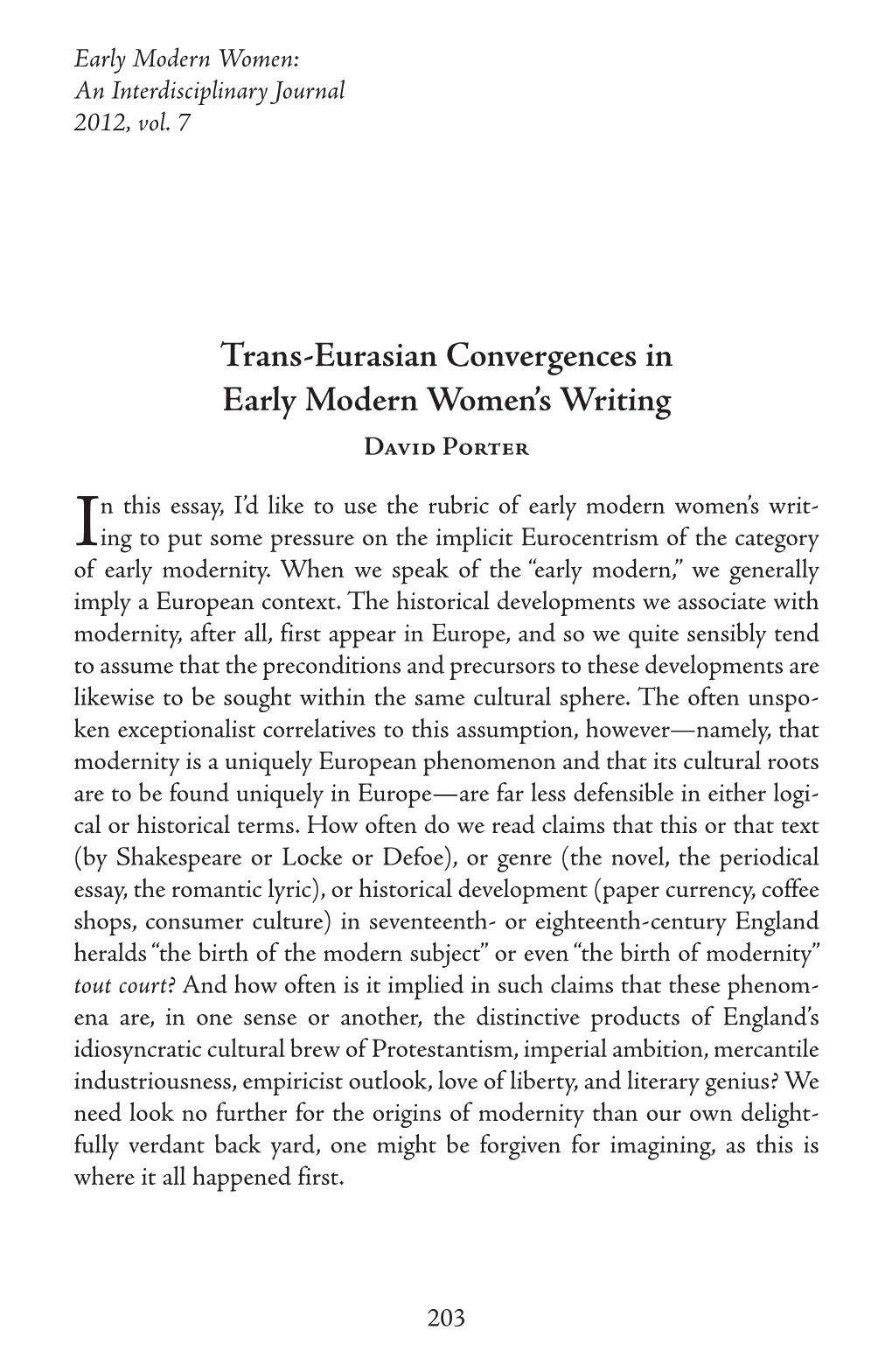 Trans-Eurasian Convergences in Early Modern Women's Writing