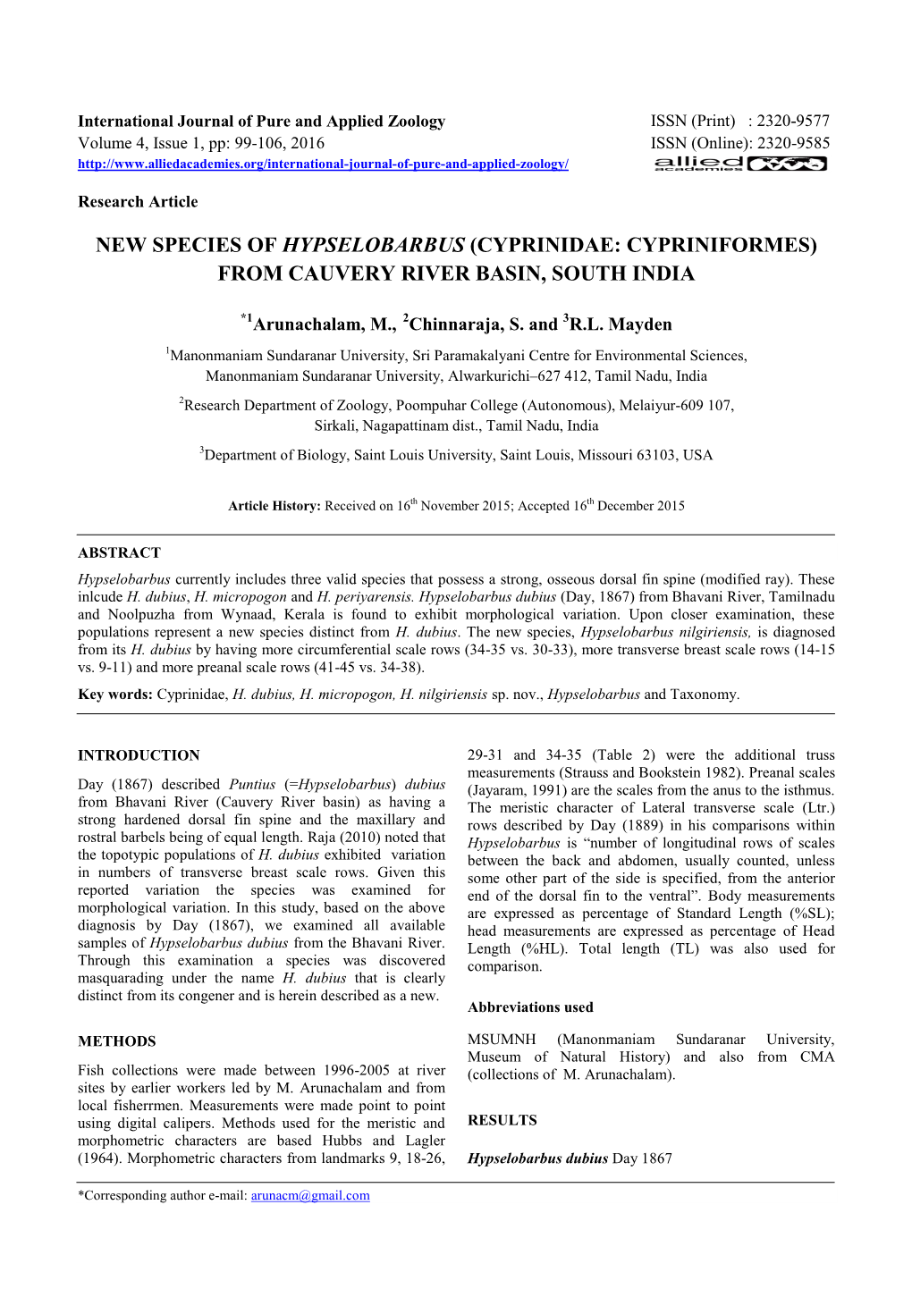 New Species of Hypselobarbus (Cyprinidae: Cypriniformes) from Cauvery River Basin, South India