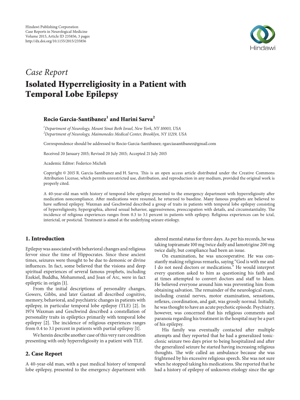 Isolated Hyperreligiosity in a Patient with Temporal Lobe Epilepsy