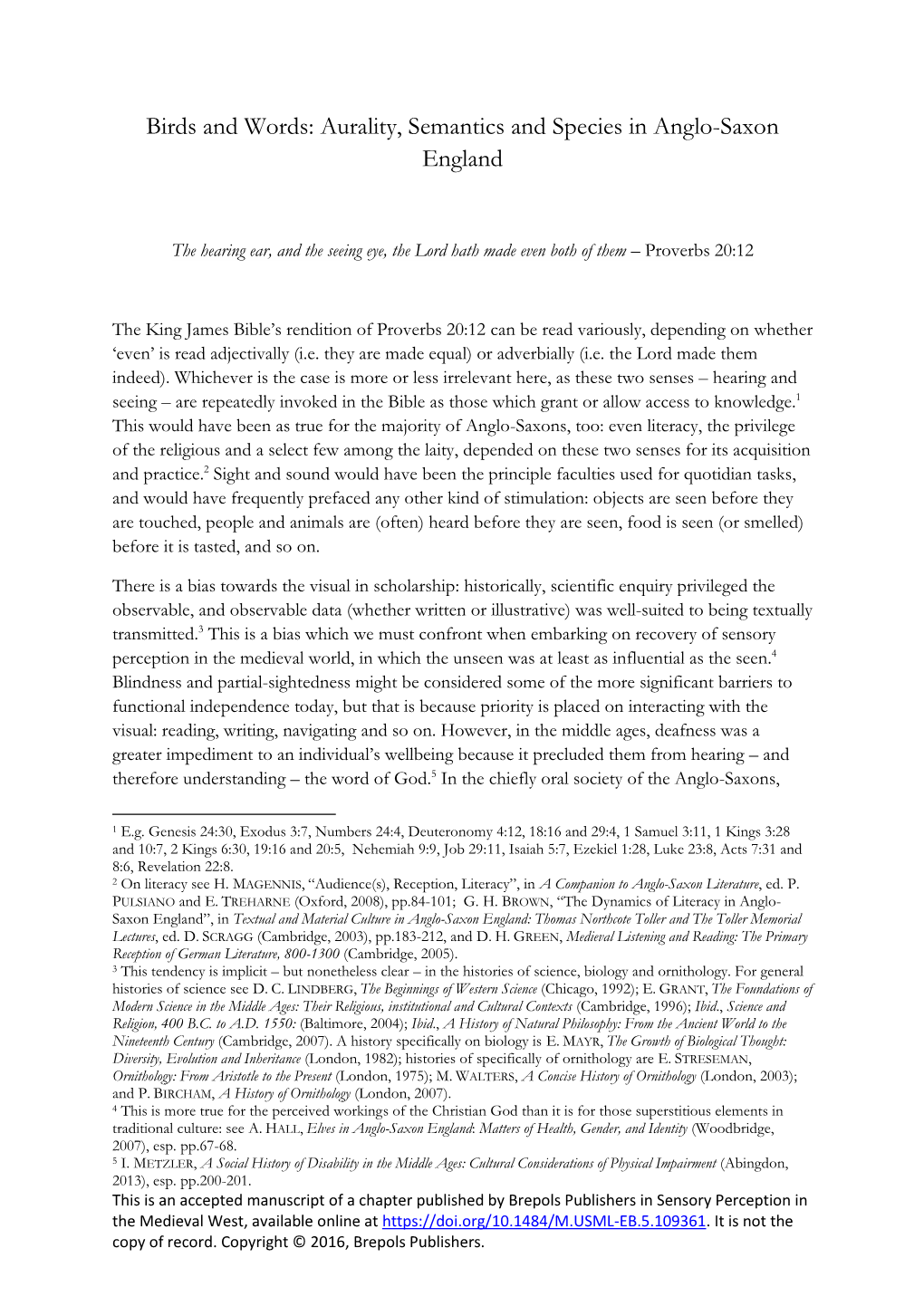 Birds and Words: Aurality, Semantics and Species in Anglo-Saxon England