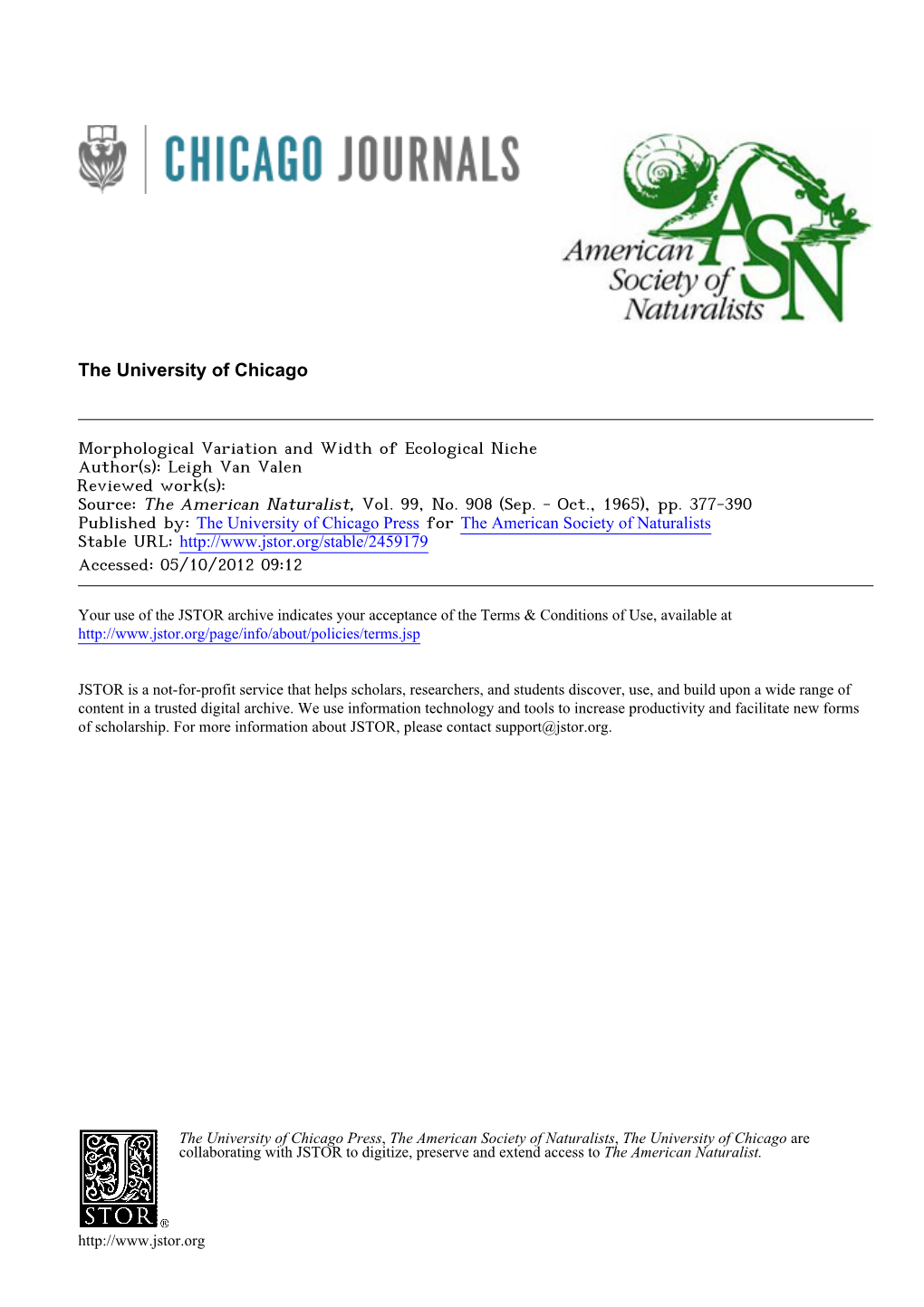 Morphological Variation and Width of Ecological Niche Author(S): Leigh Van Valen Reviewed Work(S): Source: the American Naturalist, Vol