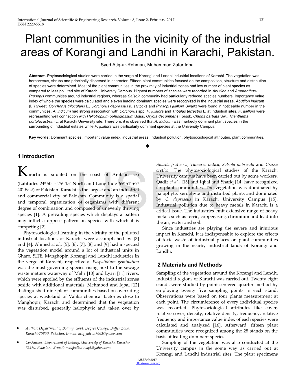 Plant Communities in the Vicinity of the Industrial Areas of Korangi and Landhi in Karachi, Pakistan. Syed Atiq-Ur-Rehman, Muhammad Zafar Iqbal