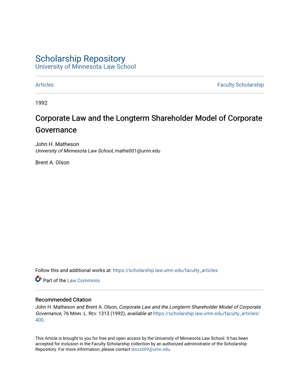 Corporate Law and the Longterm Shareholder Model of Corporate Governance