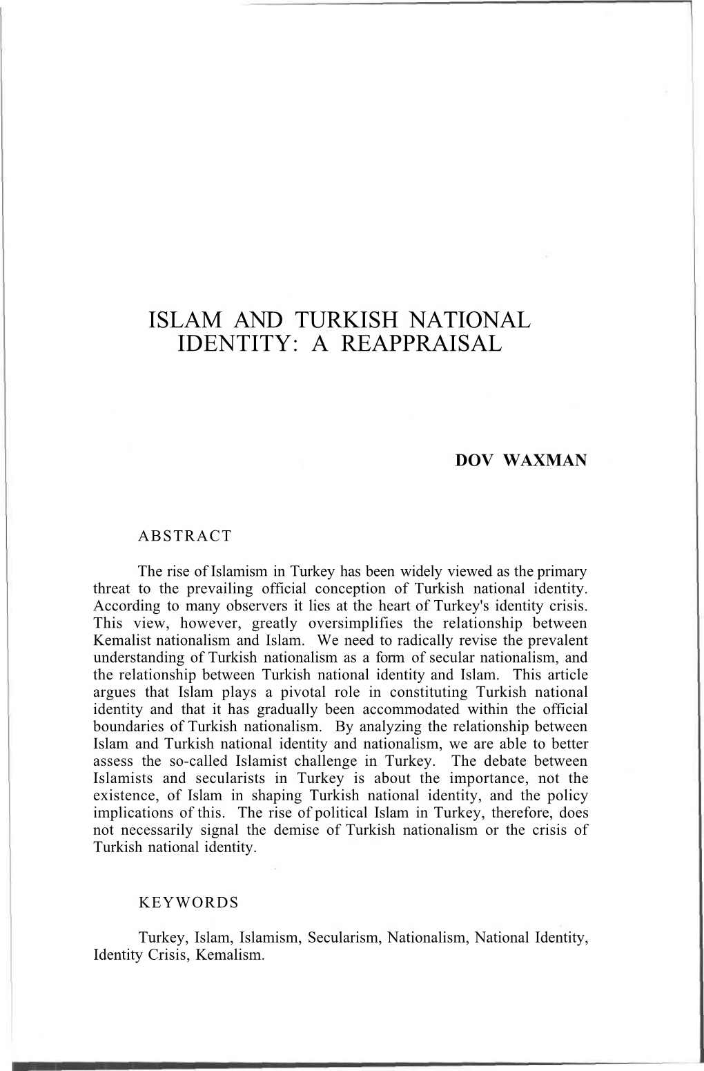 Islam and Turkish National Identity: a Reappraisal