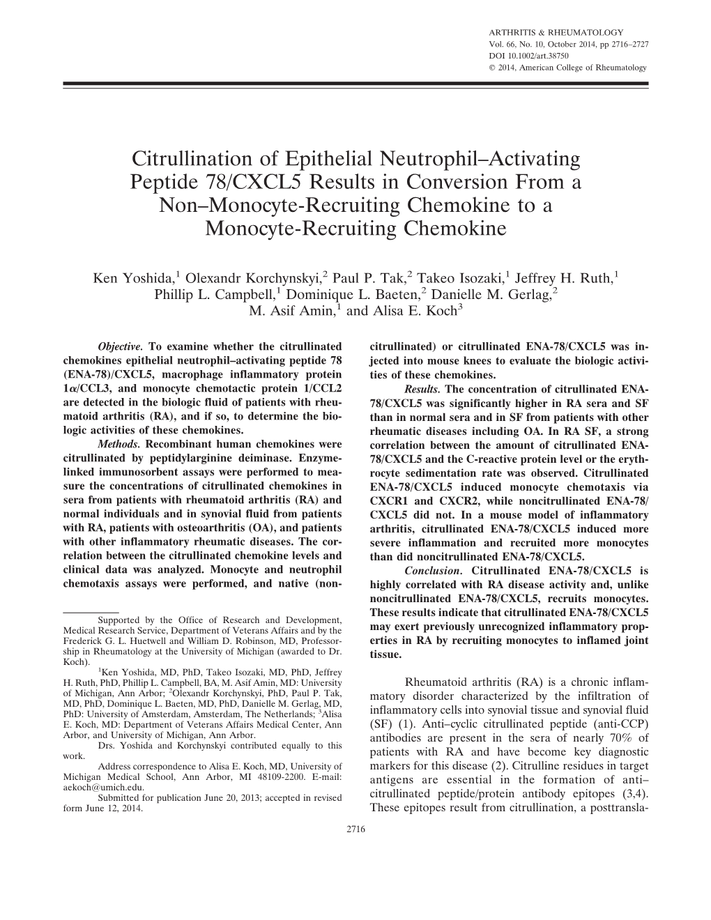 Citrullination of Epithelial Neutrophil–Activating Peptide 78/CXCL5 Results in Conversion from a Non–Monocyte-Recruiting Chemokine to a Monocyte-Recruiting Chemokine